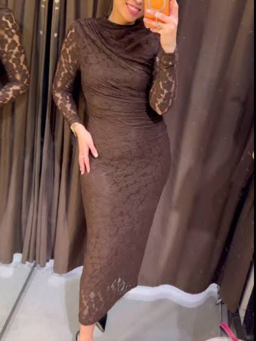 ZARA POINTELLE DRAPED MIDI DRESS BROWN SMALL